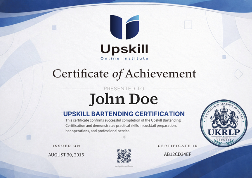 Sample Upskill certificate with certificate ID and verification QR code